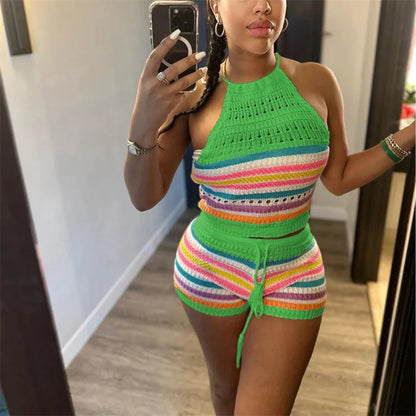His Sexy Baby Momma Thick H hanging Neck Lace-up Sleeveless Backless Tops Female Casual Knitted Rainbow Stripes Two Piece Sets Slim Fit Shorts Multi Colors
