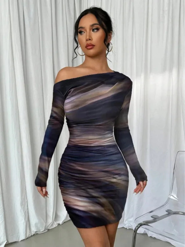 Sexy Pleated Long Sleeve Wrap Skirt Midi Dress for Women – Asymmetrical Collar 2025 Fashion Trend