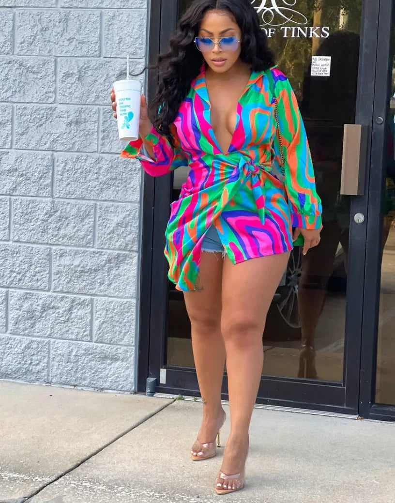 Elegant Satin Tie-Dye Wrap Mini Dress — Asymmetrical Lapel Long-Sleeve Shirt Dress