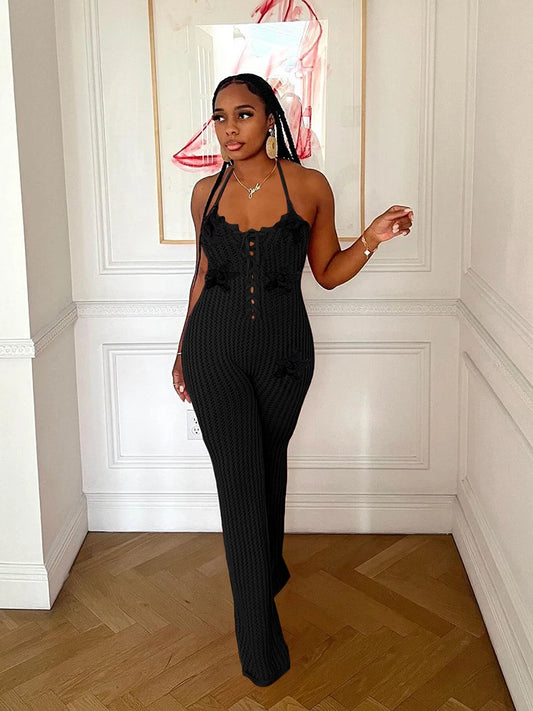 Every Man Desires Her Knitted Backless Jumpsuit – Women’s Lace-Up Halter Flower Appliqué Sleeveless Overalls 🌸💋