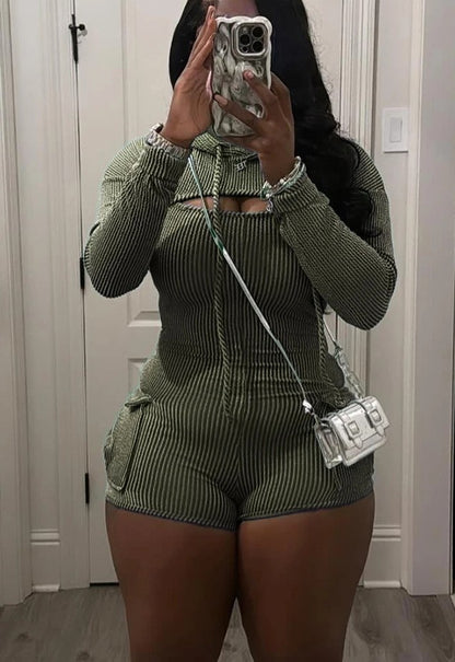🔥 Thick Body Fit – Natural Body Knitted Ribbed Cargo Playsuit 🔥 Hooded · Long Sleeve · Ribbed · Cargo Pockets · Jumpsuit Shorts