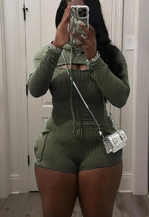 🔥 Thick Body Fit – Natural Body Knitted Ribbed Cargo Playsuit 🔥 Hooded · Long Sleeve · Ribbed · Cargo Pockets · Jumpsuit Shorts