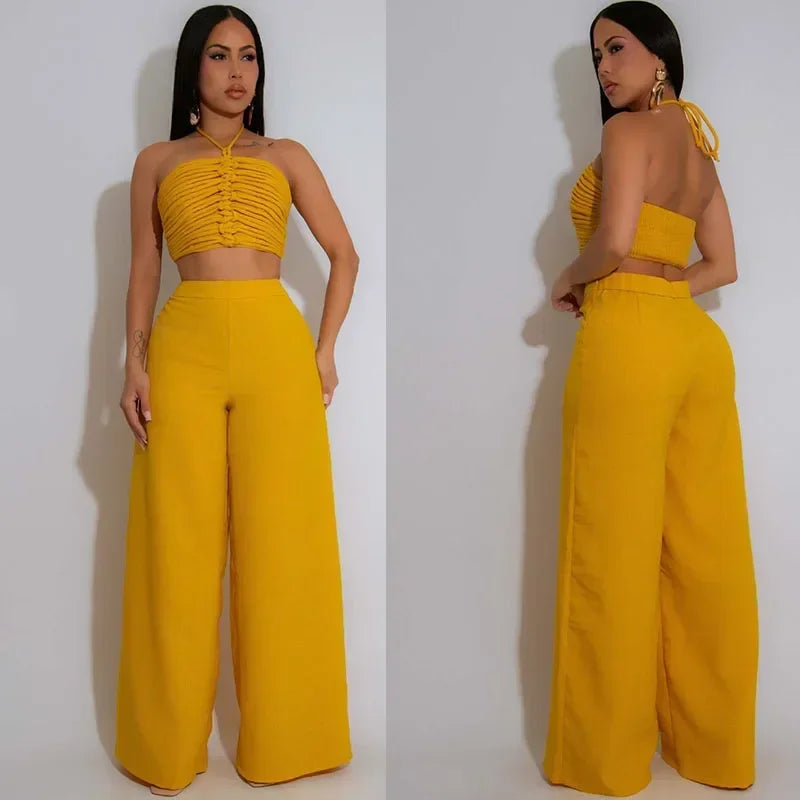 Sexy Night Club Outfits for Woman Two Piece Set Elegant Halter Backless Strapless Crop Top and Wide Leg Pants Matching Sets 2025
