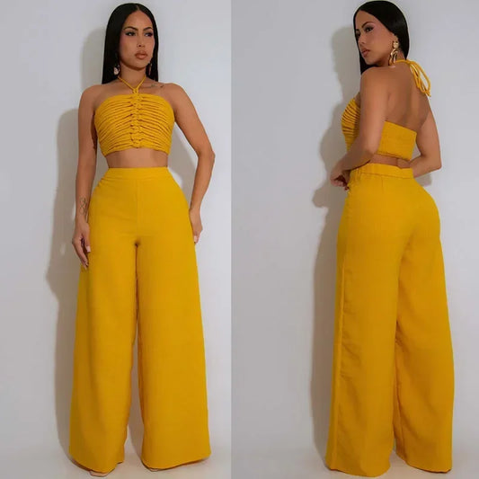 Sexy Night Club Outfits for Woman Two Piece Set Elegant Halter Backless Strapless Crop Top and Wide Leg Pants Matching Sets 2025