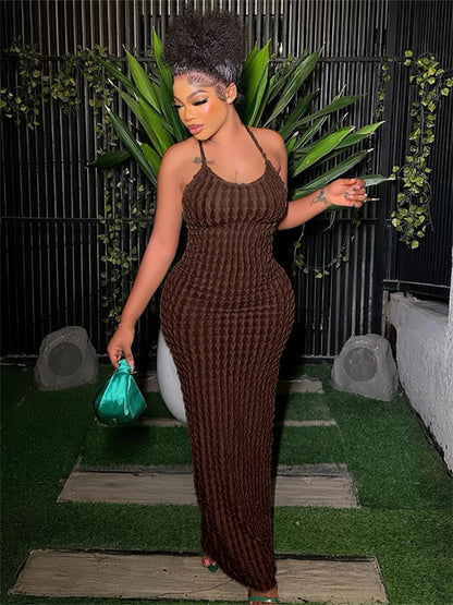 Kliou Solid Ruched Spaghetti Strap Bandage Maxi Dress Women Casual Sleeveless Backless Ladies Party Streetwear Dresses