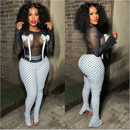 Sexy Mesh Polka Dot Two-Piece Set – Women’s Club Night Outfit | Bow Tie Long Sleeve Top & Split Flare Pants