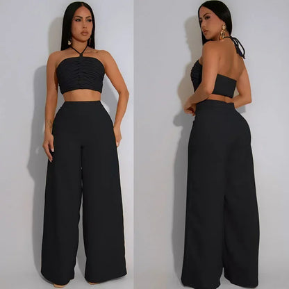 Sexy Night Club Outfits for Woman Two Piece Set Elegant Halter Backless Strapless Crop Top and Wide Leg Pants Matching Sets 2025