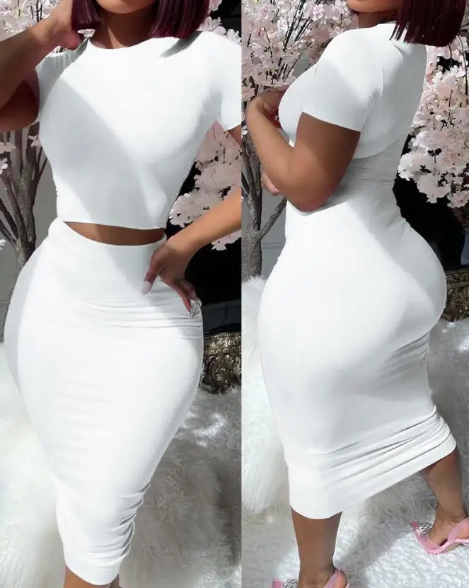 Soft & Beautiful Two Piece Sets Elegant Sexy Outfit Short Sleeve Top & High Waist Skirt Set New Fashion