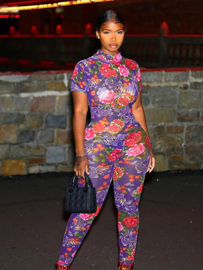 Garden Of Eve Tight Jumpsuits Multi Colors Sexy Panelled Short Sleeve Backless Stand Collar Slim Overalls Clubwear