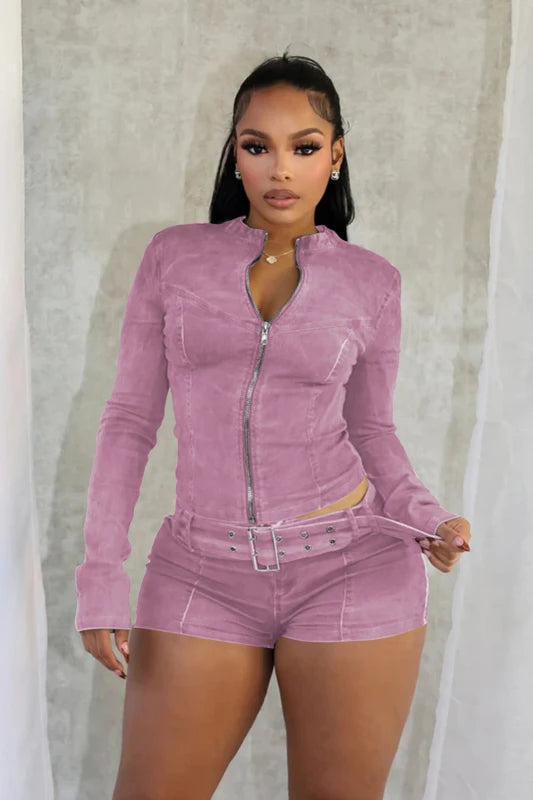 Sexy Denim Womens 2 Two Piece Set Stretchy Long Sleeve Zip Up Slim Jackets and Shorts Suits Streetwear Belt Jean Outfit Sets 4 Colors