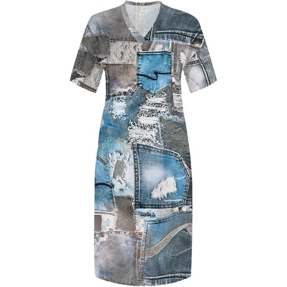 🔥 Women’s Thick & Sexy Plus-Size Denim 3D Print Maxi Dress – Casual Soft T-Shirt Dress