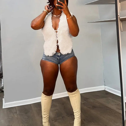 Sexy Women’s Fur Vest – Deep V-Neck Backless Bandage Top | 2025 Streetwear Fashion