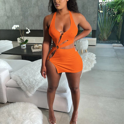 Body of a Goddess High Street Stretch Slim Hollow-Out Sexy Mini Dress – Elegant Orange Sleeveless Club Party Sundress 🍊🔥