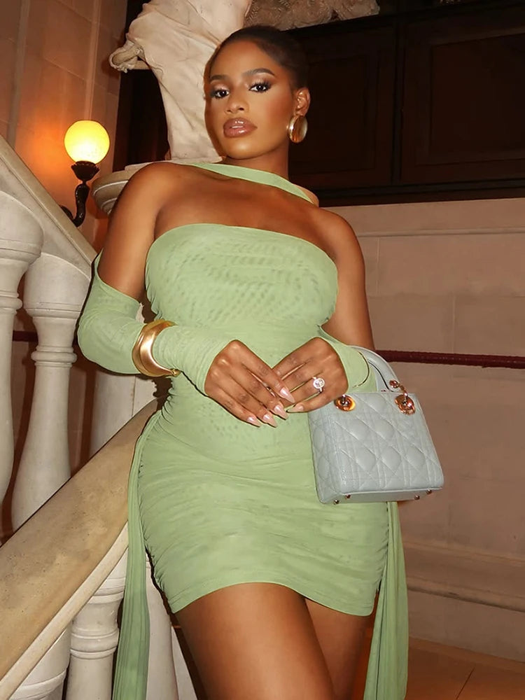 🔥 Take Me Out – 5-Star Celebrity Mini Dress 🔥 Strapless · Ribbon Tassels · Body-Shaping · Includes Full Sleeve Gloves