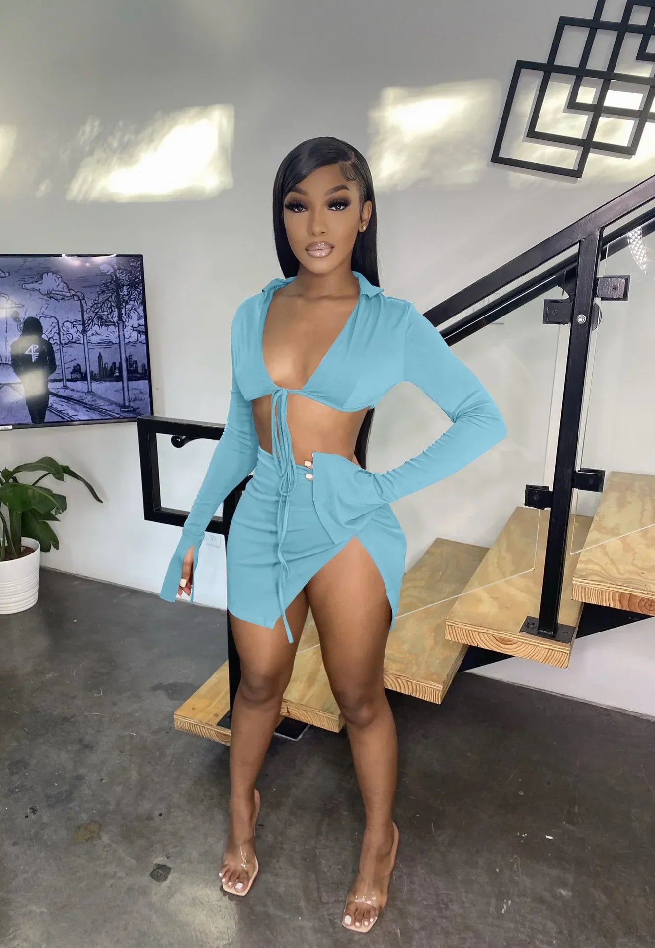 Side-Split Mini Skirt & Lace-Up Crop Top Set – Sexy Holiday 2-Piece Outfit