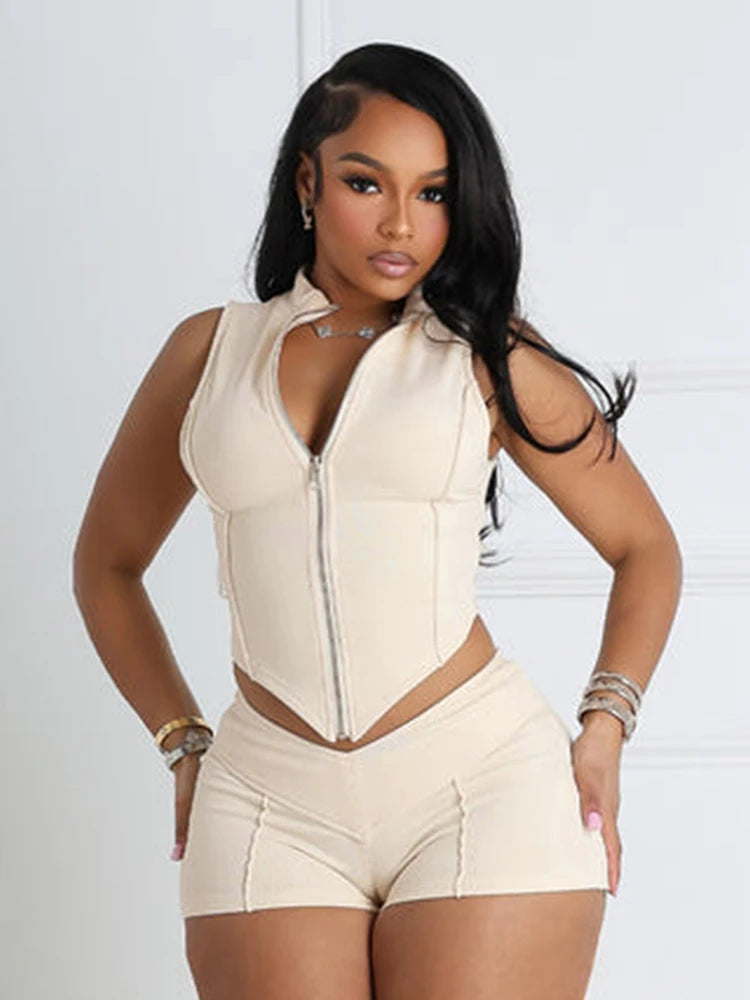 kliou Casual Summer Women Shorts Set Solid Active Irregular Zip-up Tank Tops+Stretch Bottoms Mujer Basic Matching Street 2 Piece