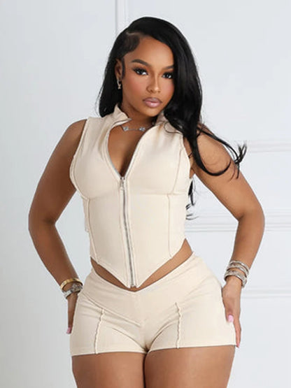 kliou Casual Summer Women Shorts Set Solid Active Irregular Zip-up Tank Tops+Stretch Bottoms Mujer Basic Matching Street 2 Piece