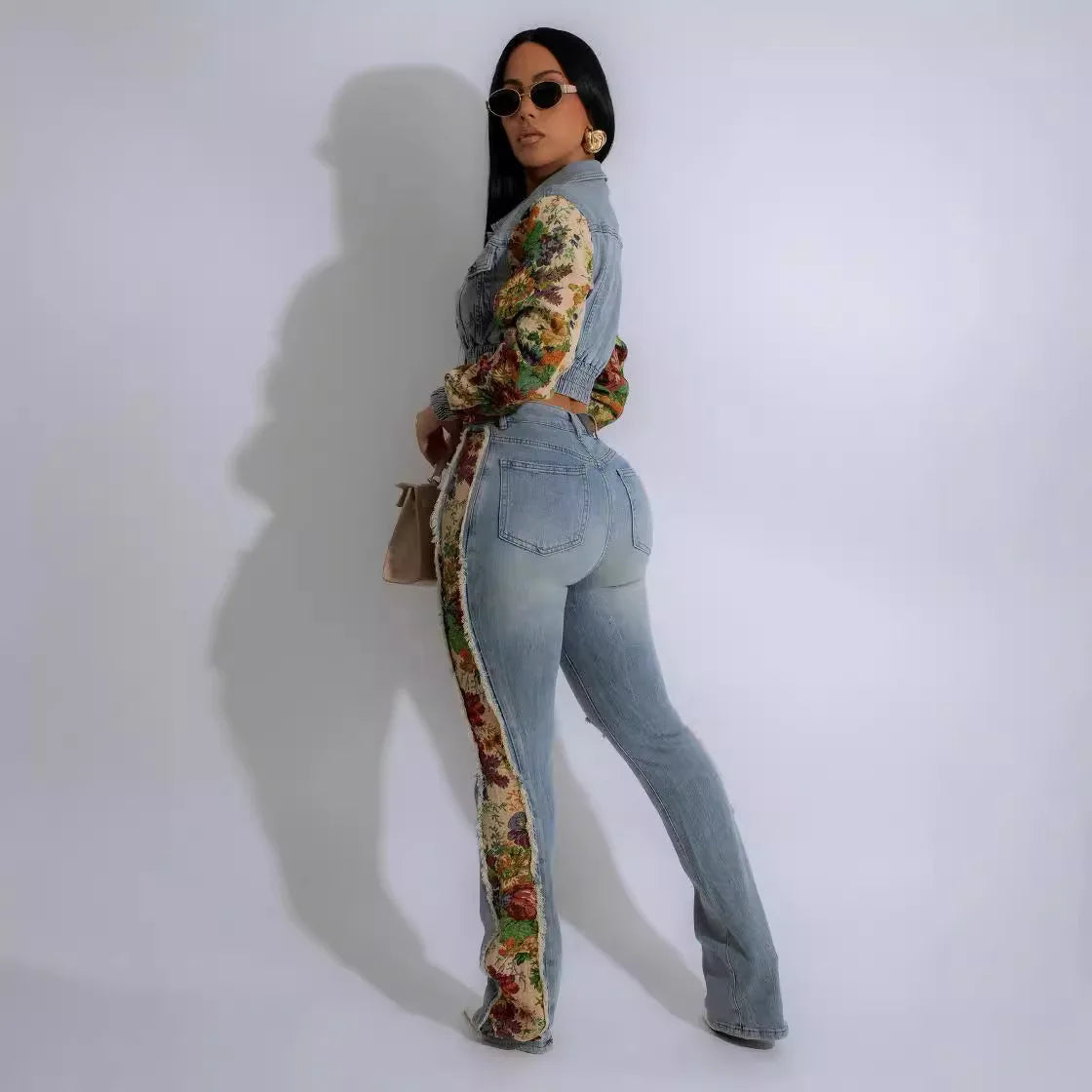 Jeans Suit Women Denim Two Piece Set Short Coat Pants Outfits Hole Trousers Flower Print Turn Down Collar Autumn