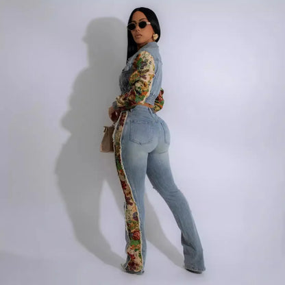 Jeans Suit Women Denim Two Piece Set Short Coat Pants Outfits Hole Trousers Flower Print Turn Down Collar Autumn