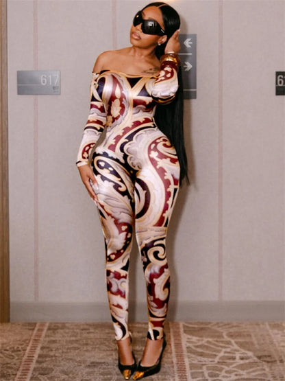 Women’s Colorful Print Jumpsuit – Slash Neck Long Sleeve Body Love