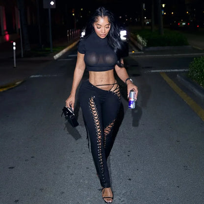 Women Solid Grommet Lace Up 2 Piece Set Halter Camisole Crop Tops + Shirring Hollow Skinny Pants Clubwear Suit Streetwear