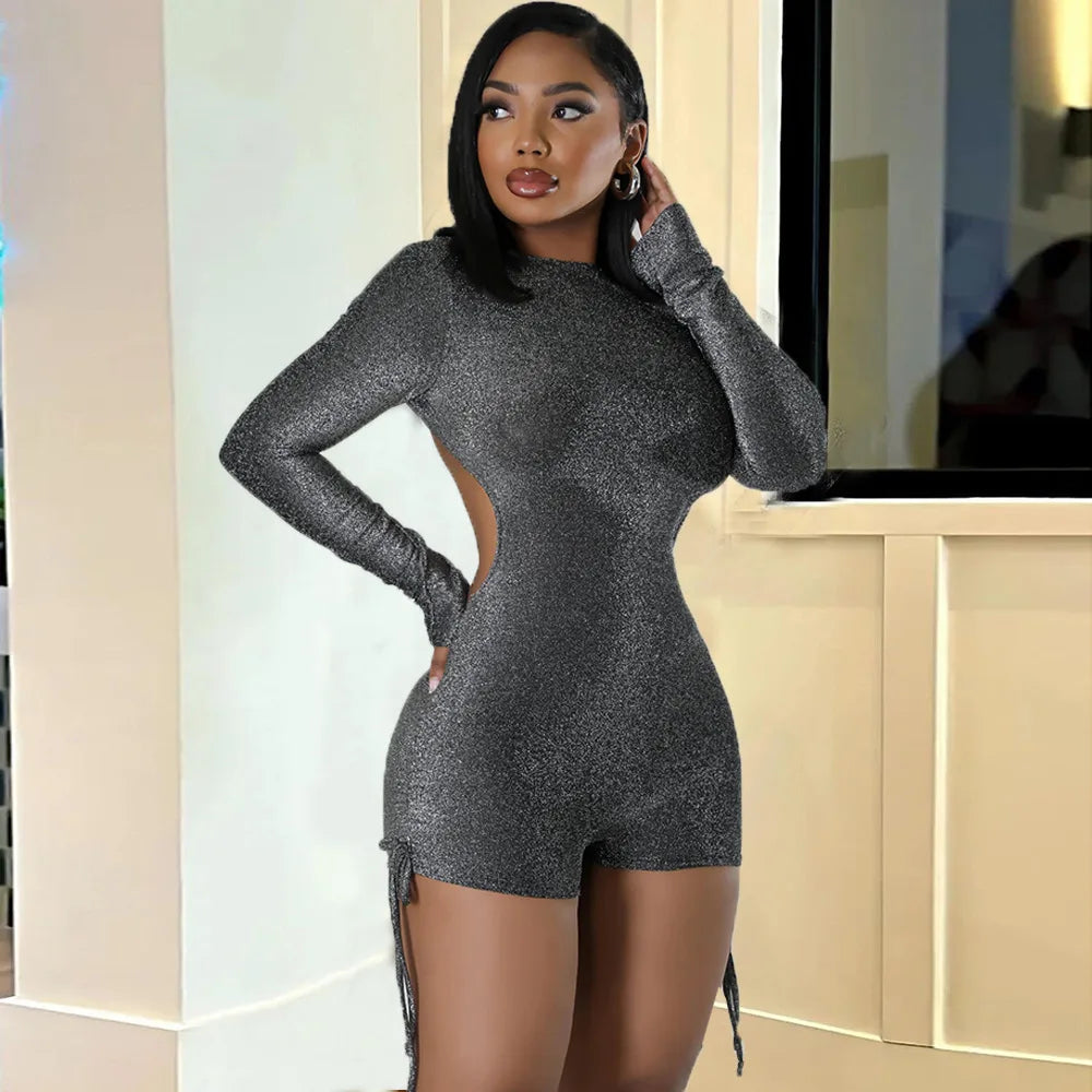 Women’s Zipper Patchwork Silk Playsuit – Sexy Hollow-Out Backless Romper with Full Sleeves