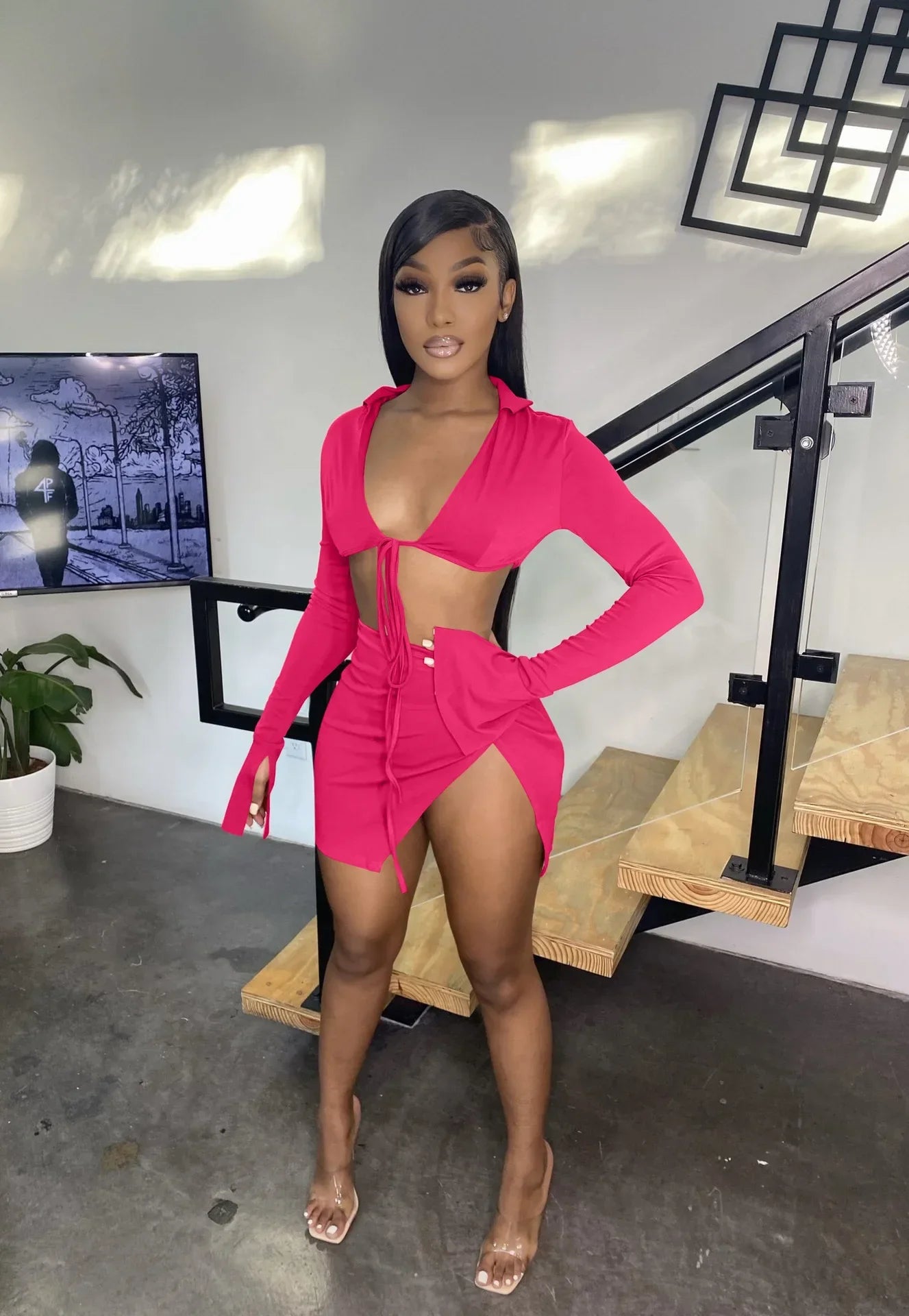 Side-Split Mini Skirt & Lace-Up Crop Top Set – Sexy Holiday 2-Piece Outfit