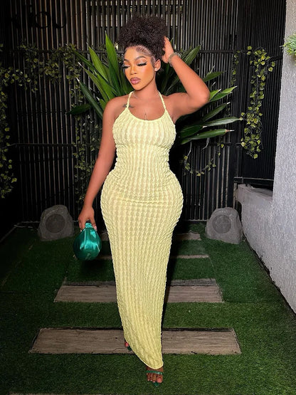 Kliou Solid Ruched Spaghetti Strap Bandage Maxi Dress Women Casual Sleeveless Backless Ladies Party Streetwear Dresses