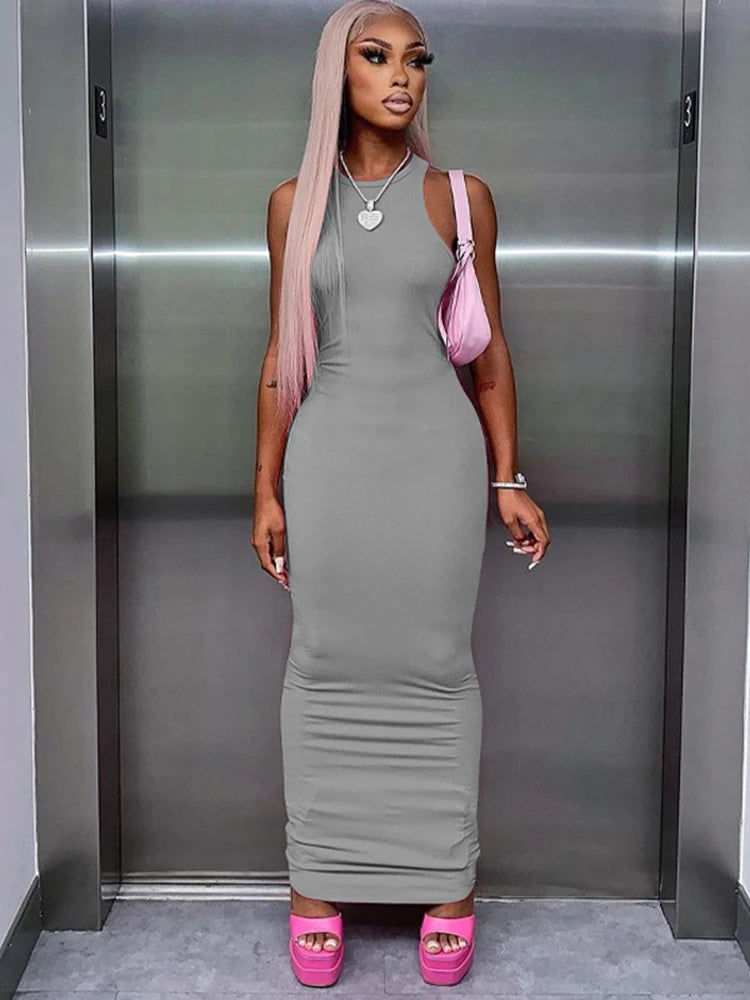Simple Sexy Ribbed Sleeveless Maxi Dresses For Women Club Birthday Party Streetwear Elegant Outfits