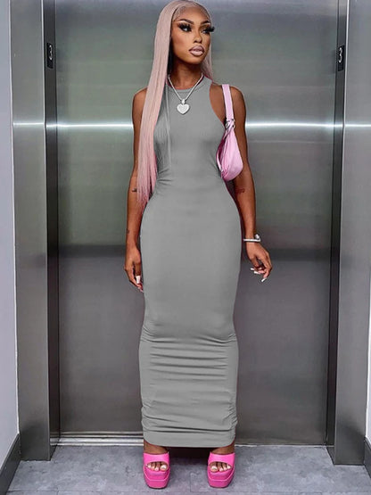 Simple Sexy Ribbed Sleeveless Maxi Dresses For Women Club Birthday Party Streetwear Elegant Outfits