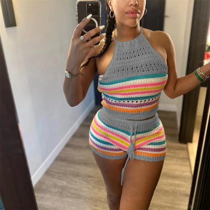 His Sexy Baby Momma Thick H hanging Neck Lace-up Sleeveless Backless Tops Female Casual Knitted Rainbow Stripes Two Piece Sets Slim Fit Shorts Multi Colors