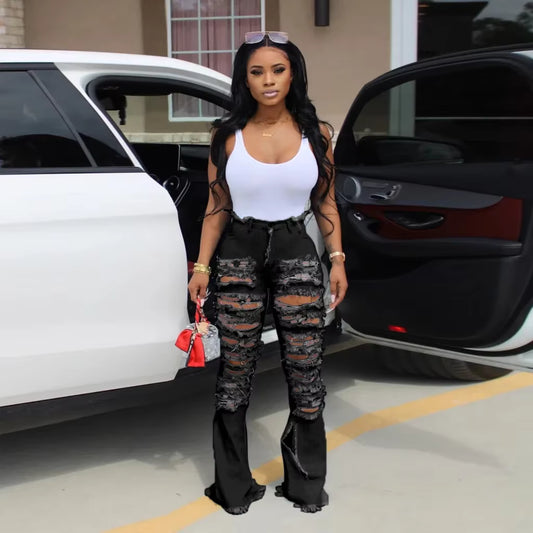 🔥 Street Siren – Women’s Hole Mom Jeans Flare Pants