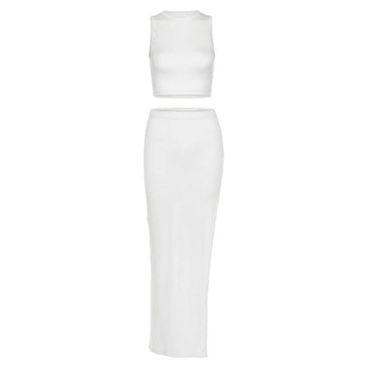 🔥 Quick Sexy 2-Piece Outfit Set 🔥 Sleeveless Crop Tank Top + Wrapped Hip High-Slit Maxi Skirt