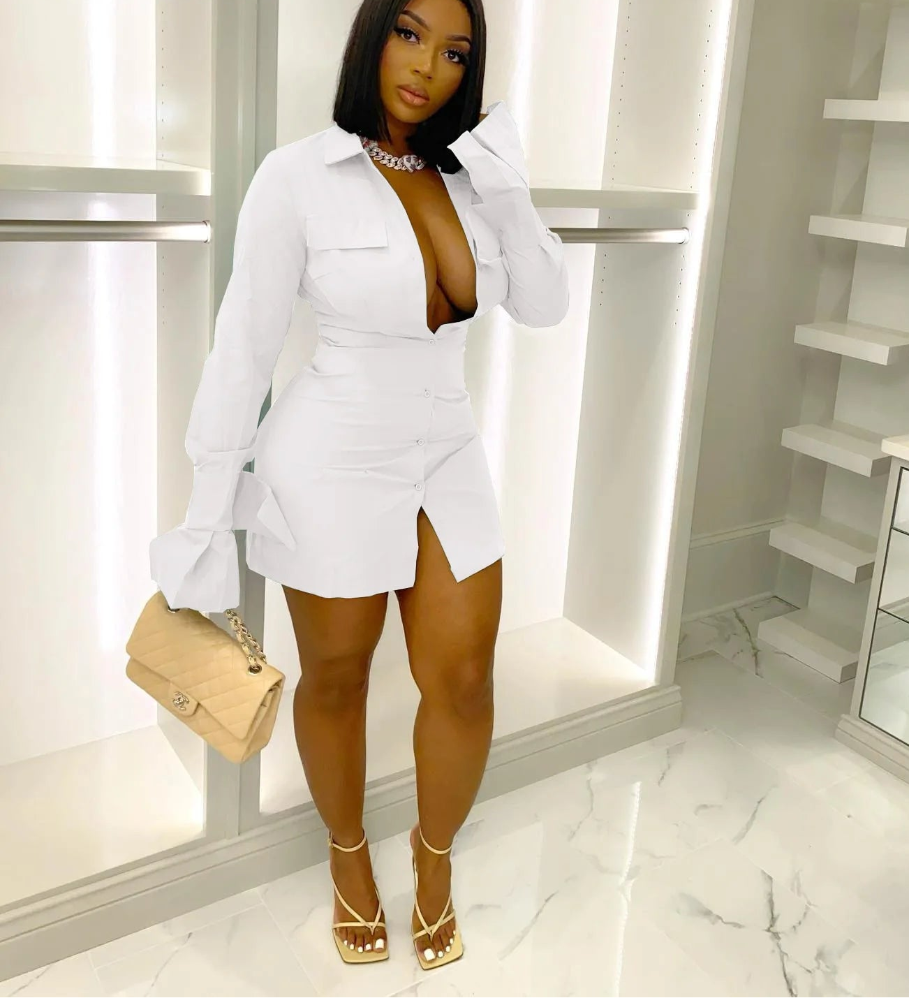 Single-Breasted Lapel Shirt Dress — A-Line Bodycon Long-Sleeve Mini Dress