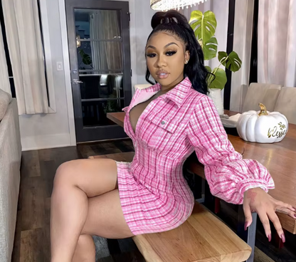 Elegant Night Party Cotton Shirt Dress — Lantern Sleeve Zip Pencil Mini Dress