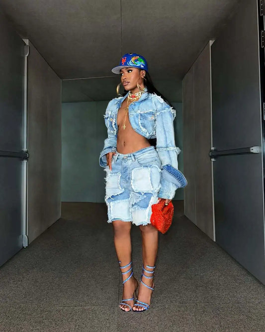Runway Avenue Shorts Pant Set Women Two Piece Sets Denim Turn Down Collar Matching Sets Tops Knee Length Pants High Waist Sexy Streetwear
