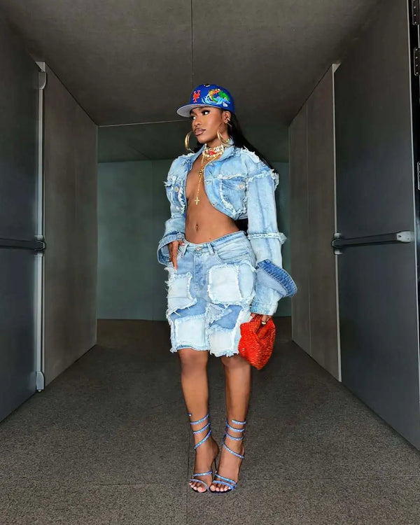 Runway Avenue Shorts Pant Set Women Two Piece Sets Denim Turn Down Collar Matching Sets Tops Knee Length Pants High Waist Sexy Streetwear