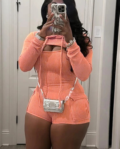 🔥 Thick Body Fit – Natural Body Knitted Ribbed Cargo Playsuit 🔥 Hooded · Long Sleeve · Ribbed · Cargo Pockets · Jumpsuit Shorts