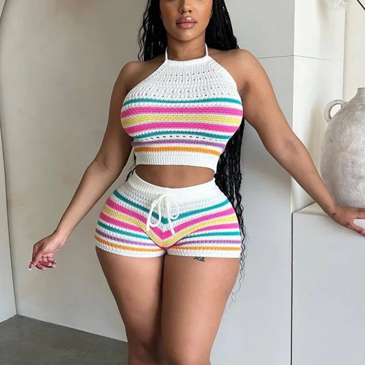 His Sexy Baby Momma Thick H hanging Neck Lace-up Sleeveless Backless Tops Female Casual Knitted Rainbow Stripes Two Piece Sets Slim Fit Shorts Multi Colors
