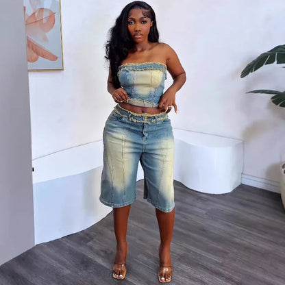 💙 Her Tea Denim Set – Fringed Strapless Top &amp; High-Waisted Shorts 💙