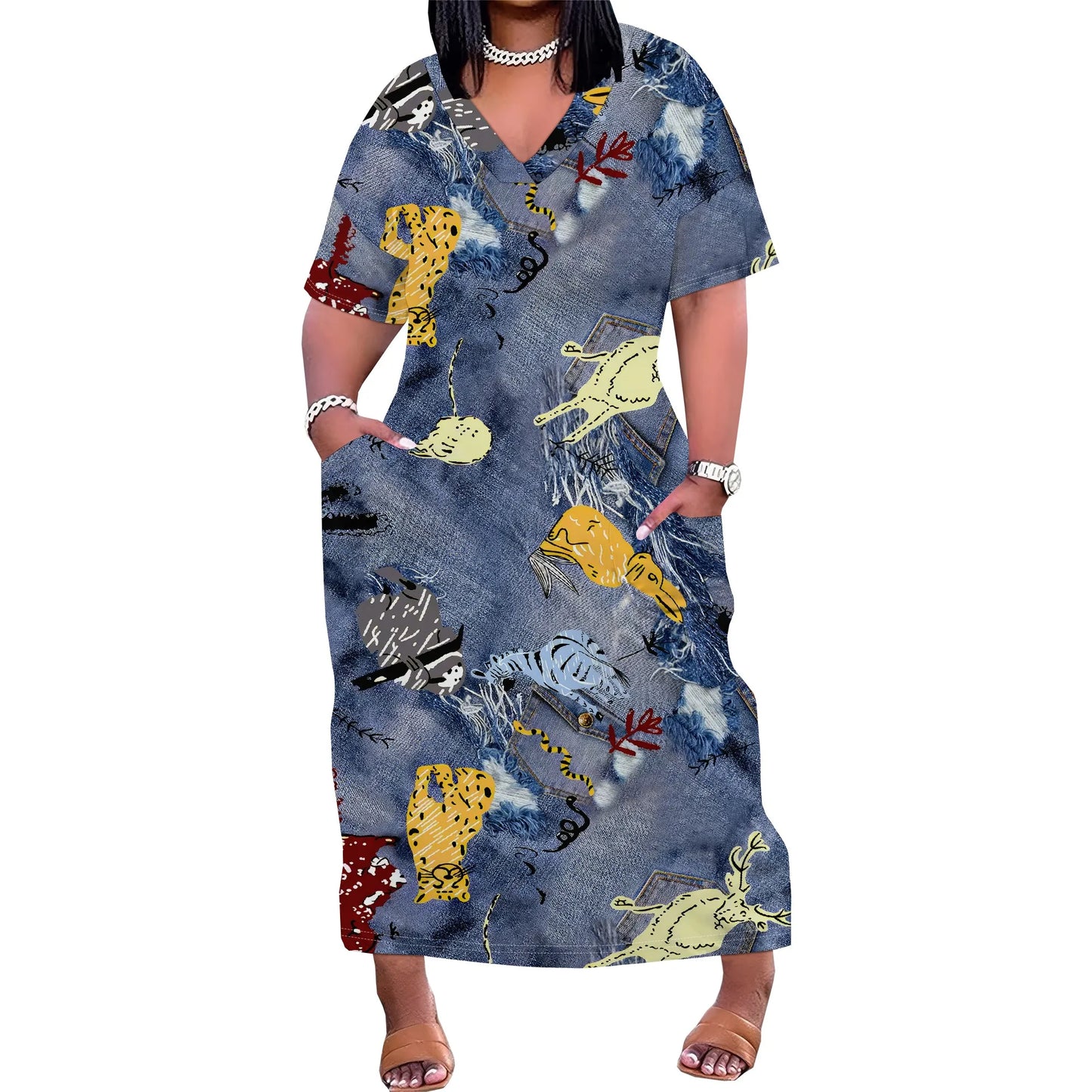 🔥 Women’s Thick & Sexy Plus-Size Denim 3D Print Maxi Dress – Casual Soft T-Shirt Dress