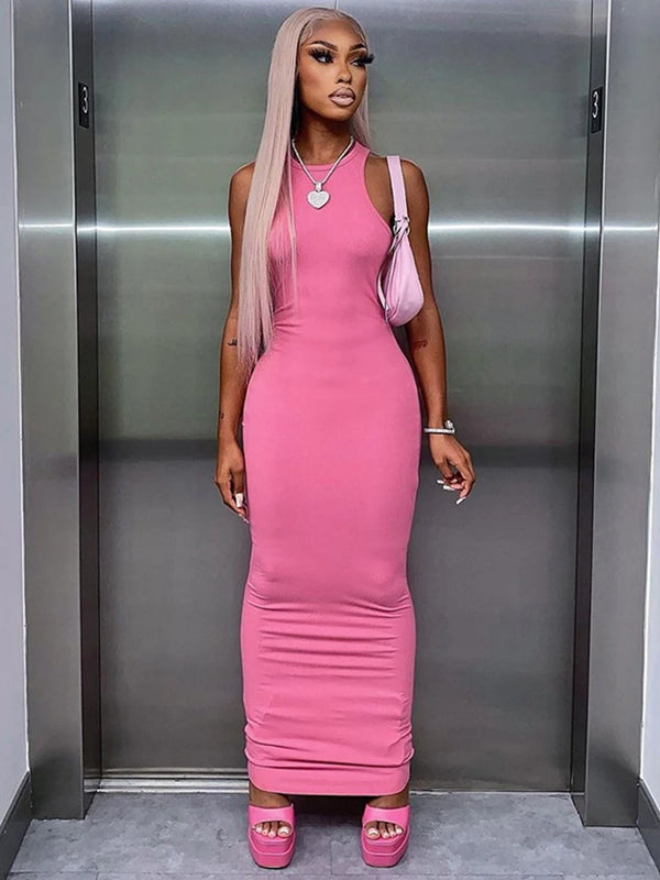 Simple Sexy Ribbed Sleeveless Maxi Dresses For Women Club Birthday Party Streetwear Elegant Outfits