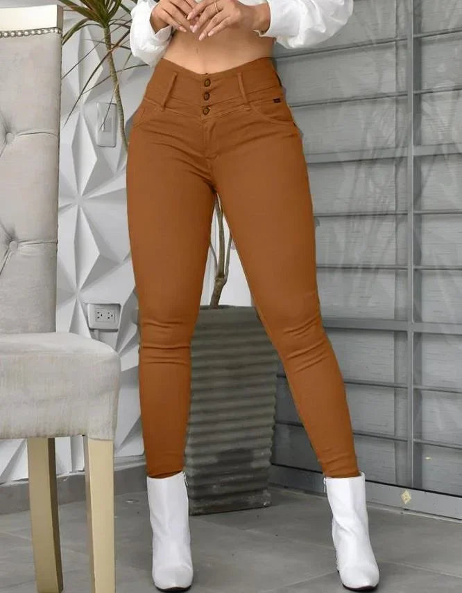 Women Solid Color Long Slim Khaki High Waist Tight Pants Ankle Length Pants