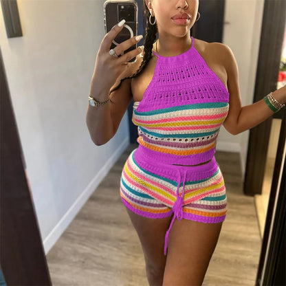 His Sexy Baby Momma Thick H hanging Neck Lace-up Sleeveless Backless Tops Female Casual Knitted Rainbow Stripes Two Piece Sets Slim Fit Shorts Multi Colors