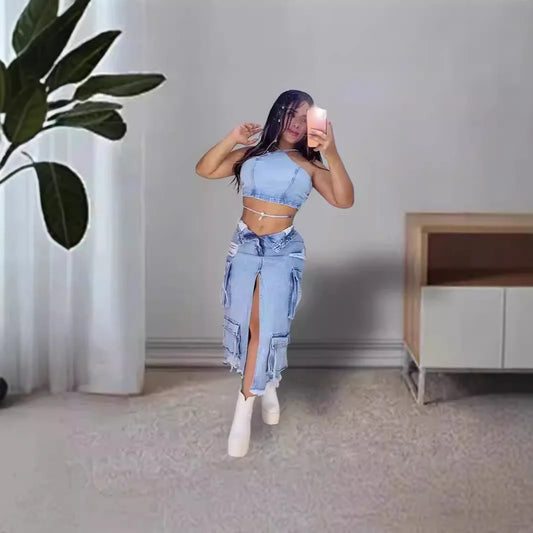 Women’s Mid-Length Denim Skirt – A-Line Slim Fit with Slit & Pocket Details