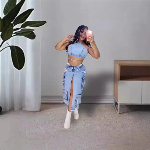 Women’s Mid-Length Denim Skirt – A-Line Slim Fit with Slit & Pocket Details