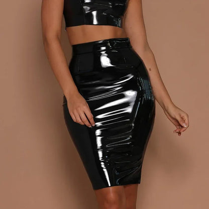 Plus Size 3XS-3XL 2025 Summer Women's Elastic Bright  Leather Tight Body Skirt High Waist Zipper Party Skirts
