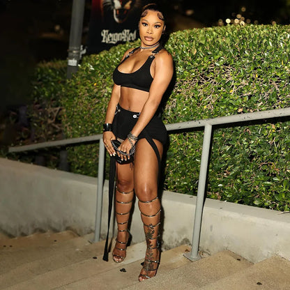 Square-Neck Tank & Ribbon Shorts Set – Metal Buckle 2-Piece Outfit