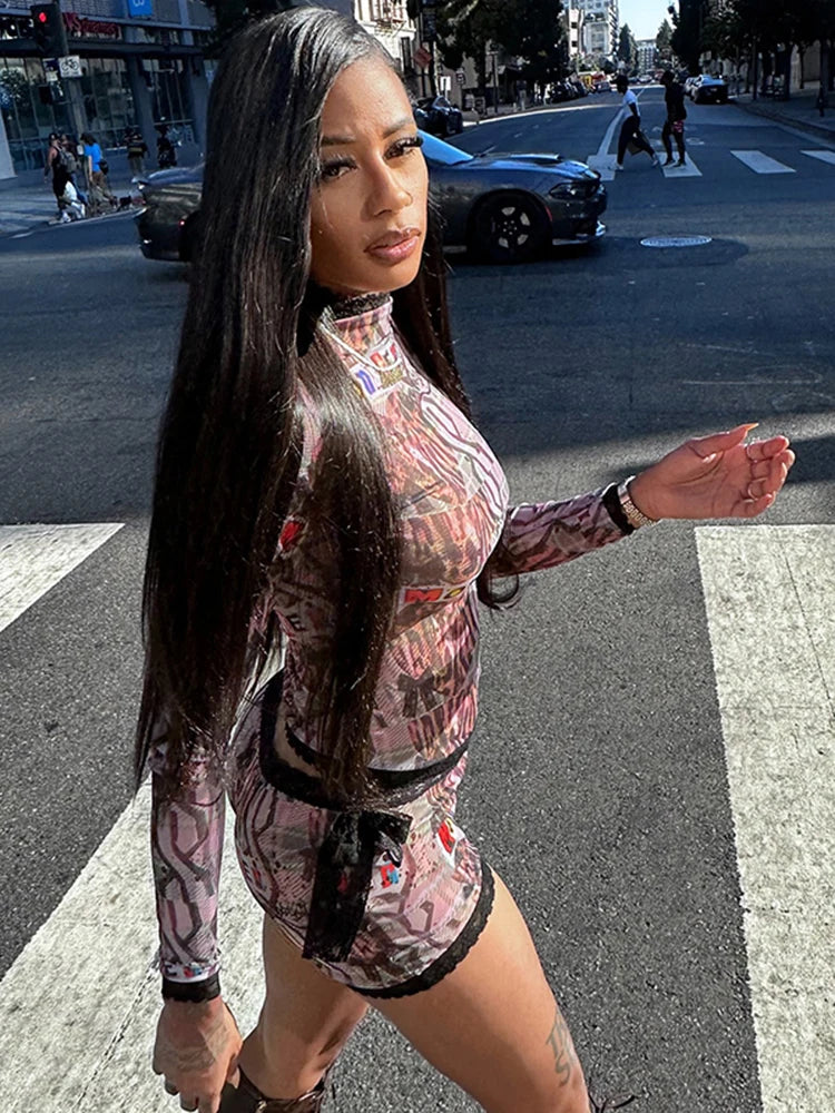 Lace Patchwork Printed 2-Piece Set – Full Sleeve Top &amp; Ribbon Skinny Shorts 🔥