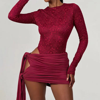 Sexy Lace Two-Piece Mini Dress Set for Women – Long Sleeve Crop Top & Bandage Skirt | Party, Holiday & Summer Outfit
